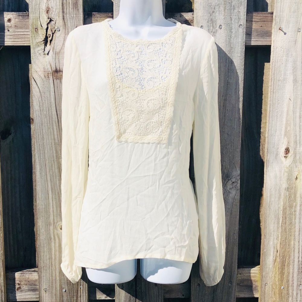 Express Crochet Top X SMALL Long Sleeve Lace Cream